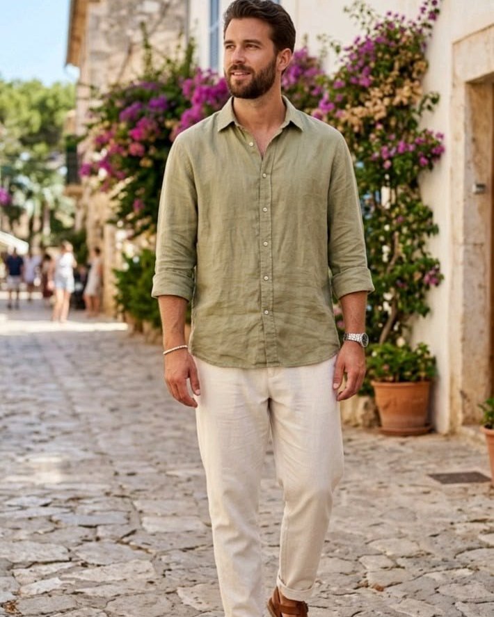 Chemise vert sauge sous bougainvilliers